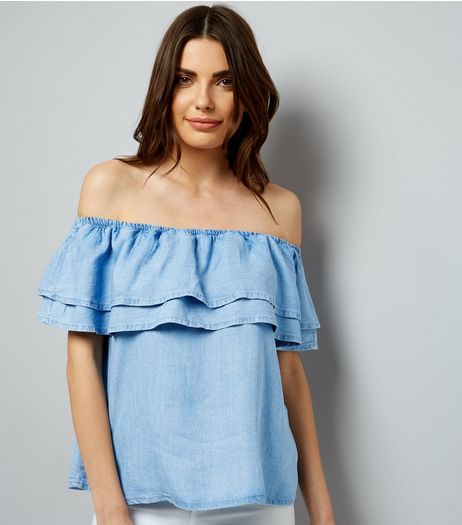Blue Layered Frill Trim Bardot Neck Top | New Look