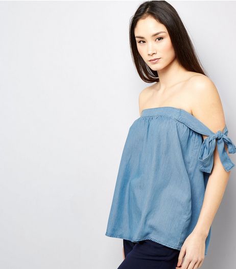 Blue Tie Sleeve Bardot Neck Top | New Look