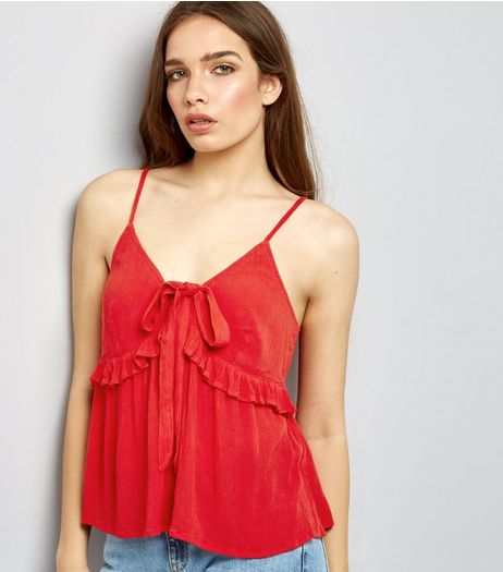 Red Frill Trim Tie Front Cami Top | New Look
