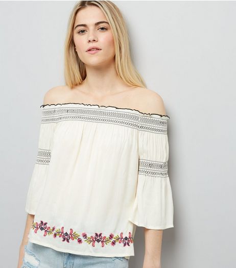 Cream Embroidered Bardot Neck Top | New Look