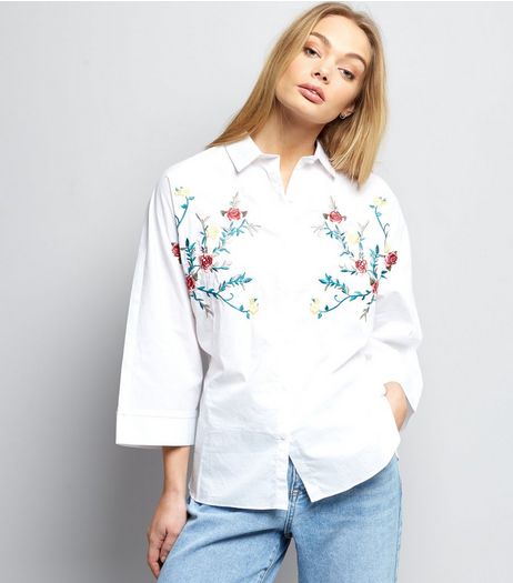 Cameo Rose White Floral Embroidered Wide Sleeve Shirt | New Look