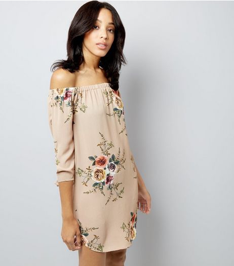 Cameo Rose Stone Floral Print Bardot Neck Dress | New Look