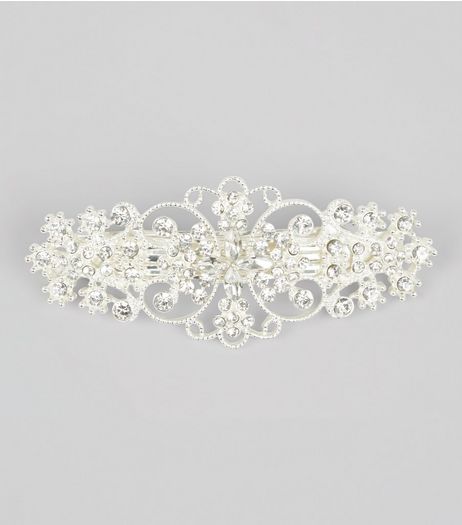 Silver Diamante Flower Barette Hair Clip | New Look