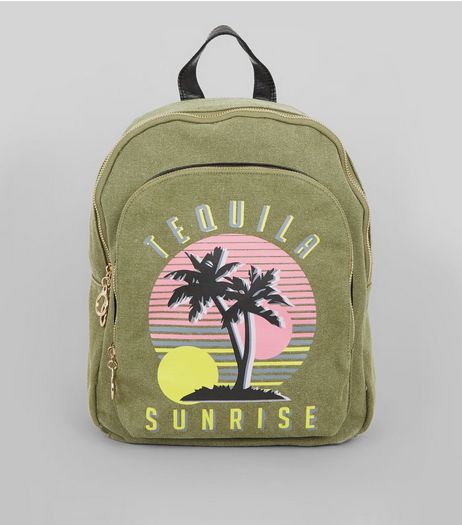 Khaki Tequila Sunrise Printed Canvas Backpack | New Look