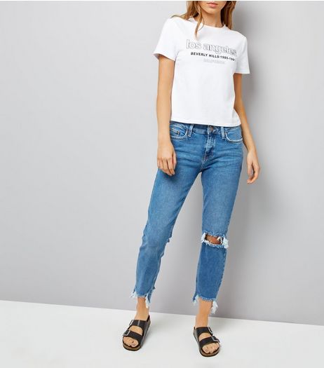 Blue Ripped Knee Fray Hem Leyla Jeans | New Look