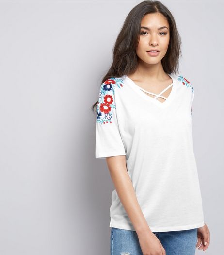 Tall White Floral Embroidered Cross Front T-Shirt | New Look