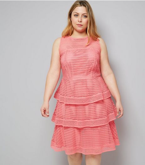 Curves Pink Premium Tiered Lace Dress | New Look