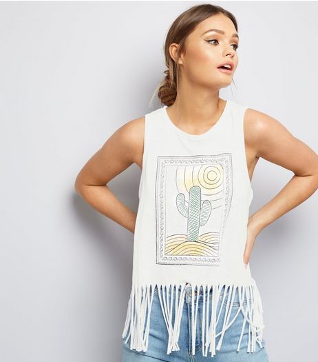 Brave Soul White Cactus Print Tassel Hem Vest | New Look