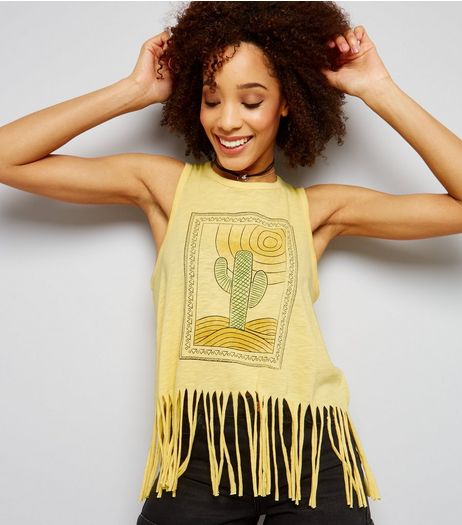 Brave Soul Yellow Cactus Print Tassel Hem Vest | New Look