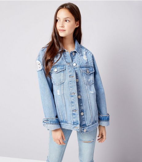 Teens Blue Pearl Embellished Denim Jacket | New Look