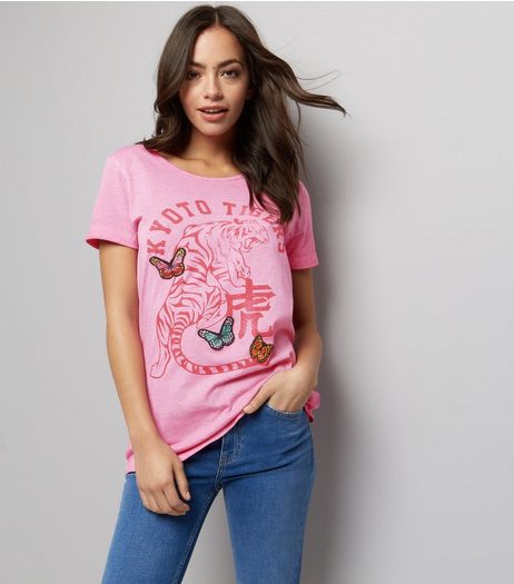Brave Soul Deep Pink Tiger Print T-Shirt | New Look