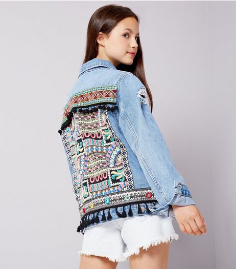 Teens Blue Aztec Embroidered Denim Jacket | New Look