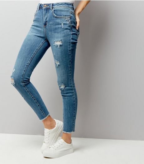 Blue Gem Detail Ripped Skinny Jenna Jeans | New Look
