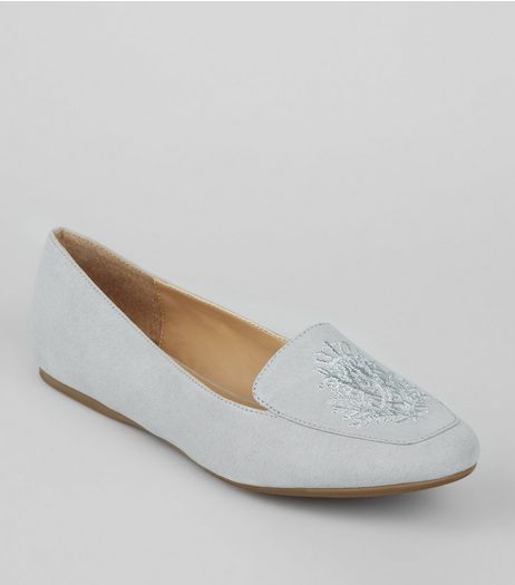 Grey Suedette Metallic Embroidered Tab Slippers | New Look