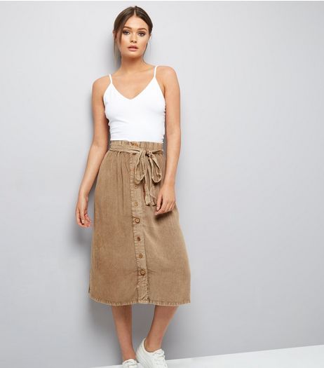 Brave Soul Stone Tie Waist Midi Skirt | New Look