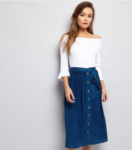 Brave Soul Blue Tie Waist Midi Skirt | New Look