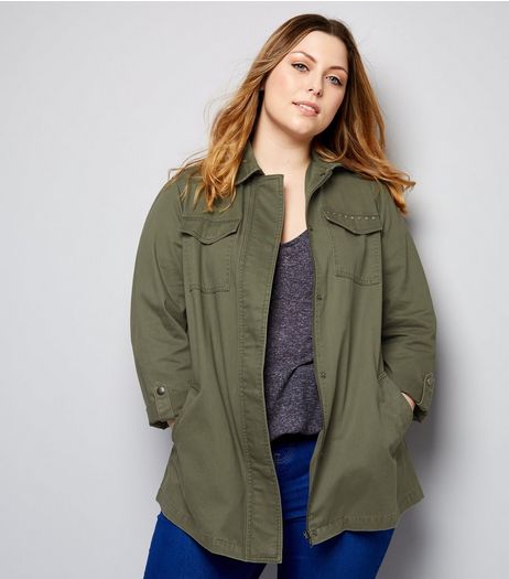Curves Khaki Stud Detail Shacket | New Look