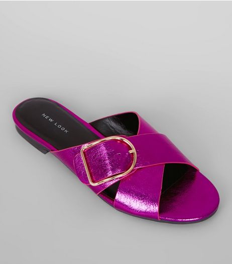 Purple Metallic Cross Buckle Strap Mules | New Look