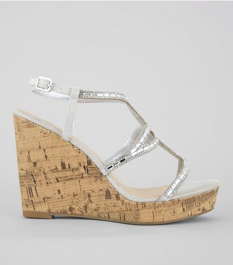 Silver Embellished Cork Wedge Heels | New Look