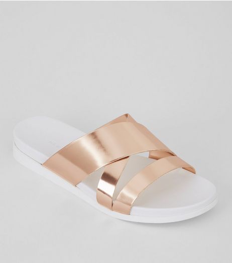 Rose Gold Cross Strap Sliders | New Look