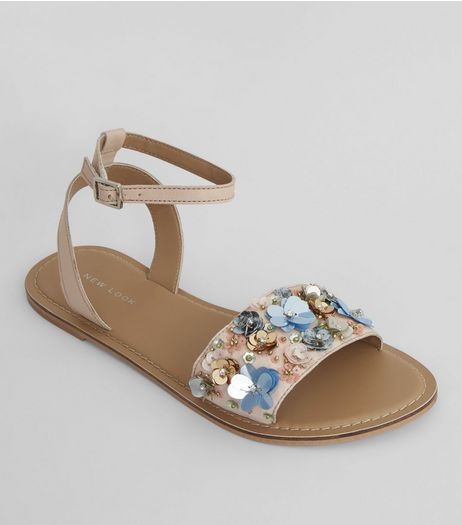 Pink Leather Sequin Flower Sandals | New Look