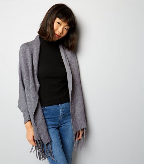 Grey Ribbed Cuff Tassel Hem Wrap | New Look