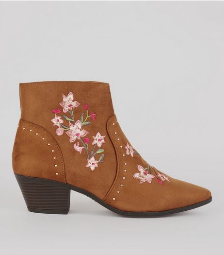 Tan Suedette Floral Embroidered Western Boots | New Look