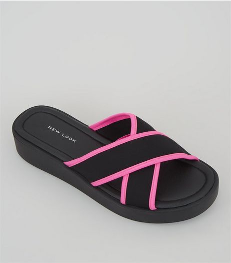 Black Neon Trim Cross Strap Sliders | New Look