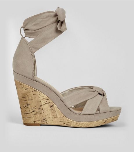 Grey Suedette Tie Up Wedges | New Look