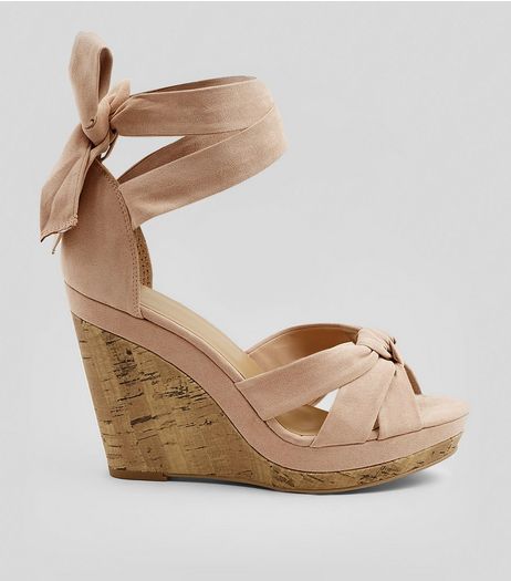 Pink Suedette Tie Up Ankle Cork Wedge Heels | New Look