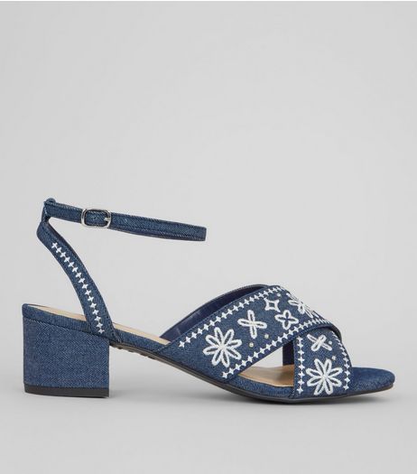 Blue Denim Floral Embroidered Block Heel Sandals | New Look