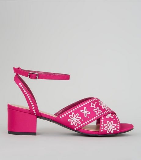 Pink Satin Contrast Embroidered Block Heeled Sandals | New Look