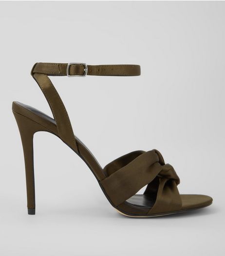 Khaki Satin Knot Strap Heeled Sandals | New Look