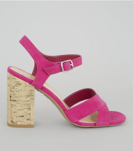 Pink Suedette Cross Strap Cork Block Heeled Sandals | New Look