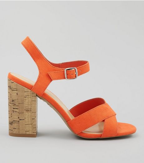 Orange Suedette Cross Strap Cork Block Heeled Sandals | New Look