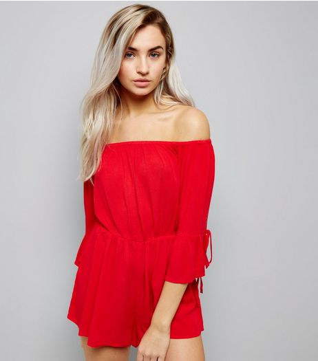 Petite Red Bell Sleeve Bardot Neck Playsuit | New Look