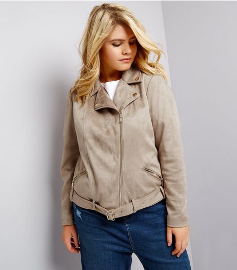 Curves Stone Suedette Biker Jacket | New Look
