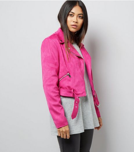 Petite Bright Pink Suedette Biker Jacket | New Look
