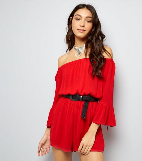 Tall Red Bardot Neck Bell Sleeve Playsuit | New Look