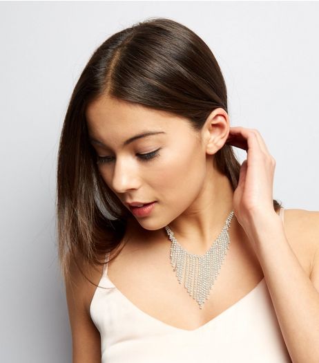 Silver Crystal Drape Necklace | New Look