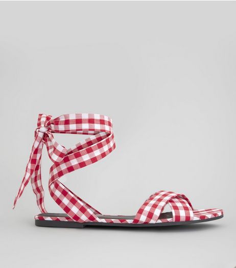 Red Gingham Ankle Tie Sandals | New Look