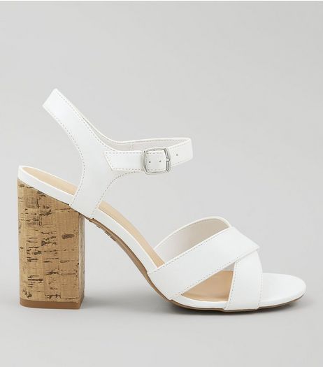 White Cross Strap Cork Block Heeled Sandals | New Look