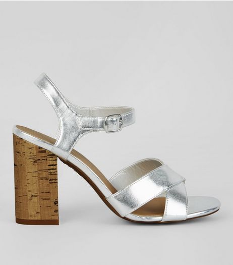 Silver Metallic Cross Strap Cork Block Heeled Sandals | New Look