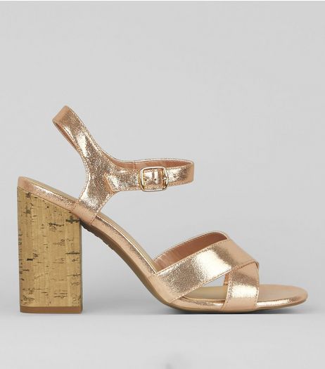 Rose Gold Metallic Cross Strap Cork Block Heeled Sandals | New Look