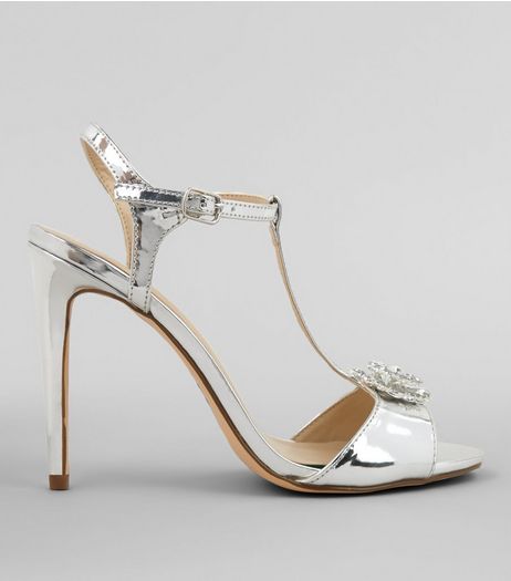 Silver Metallic Metal Badge Heeled Sandals | New Look