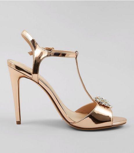 Rose Gold Metallic Metal Badge Heeled Sandals | New Look