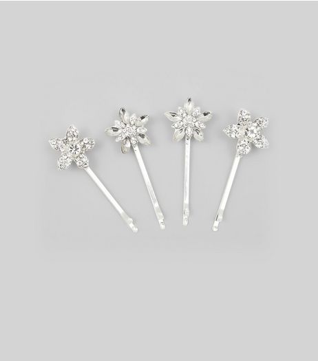 4 Pack Silver Gem Flower Hair Slides | New Look