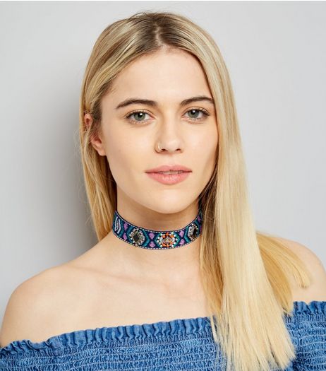 Blue Stud Trim Embroidered Choker | New Look