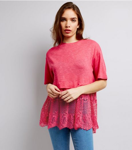 Bright Pink Lace Hem T-Shirt | New Look