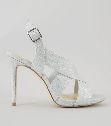 Wide Fit Silver Glitter Cross Strap Sling Back Heels | New Look